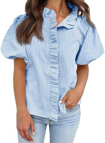 Tankaneo Womens Short Puff Sleeve Button Down Shirts Summer Ruffle Striped Work Tops Stand Collar... | Amazon (US)