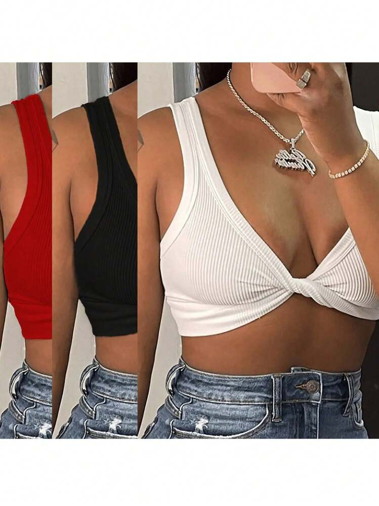 SHEIN Women Ribbed Twist Front Crop Top | SHEIN