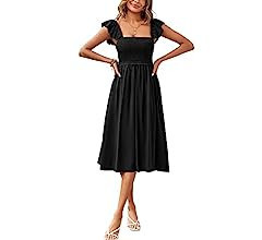 YOESEE Women Ruffle Short Sleeve Smocked Midi Dress Square Neck High Waist Summer Casual Flowy Lo... | Amazon (US)