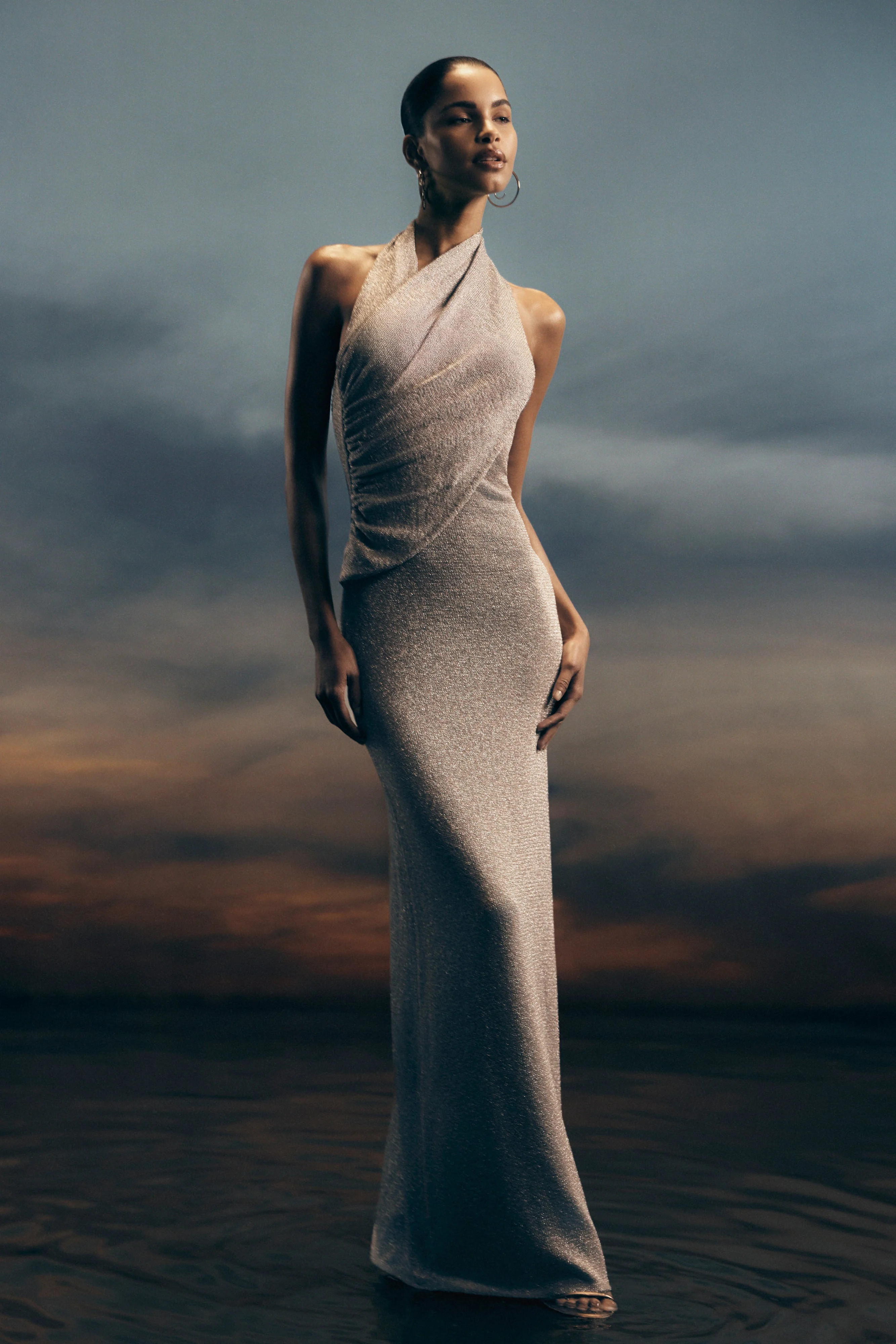 Elma Lurex Knit Halter Maxi Dress - Silver | MESHKI US