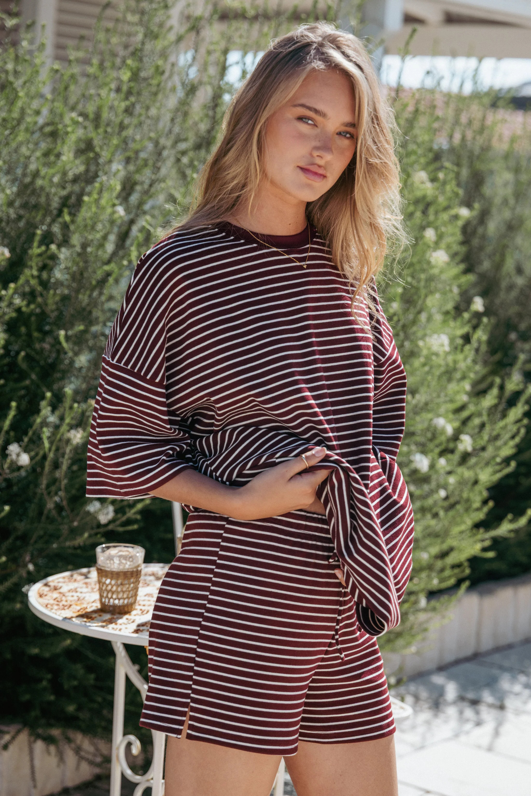Hellen Stripe Short Set - Burgundy Cream Stripe | Petal & Pup (US)