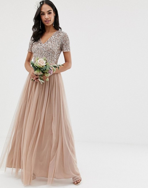 Maya Bridesmaid v neck maxi tulle dress with tonal delicate sequins in taupe blush | ASOS US