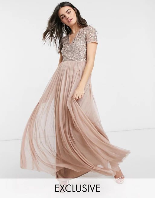 Maya Bridesmaid v neck maxi tulle dress with tonal delicate sequins in taupe blush | ASOS US