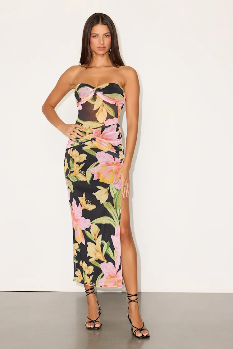 Bev Black Multi Floral Mesh Strapless Midi Dress | black floral dress | Lulus holiday  | Lulus