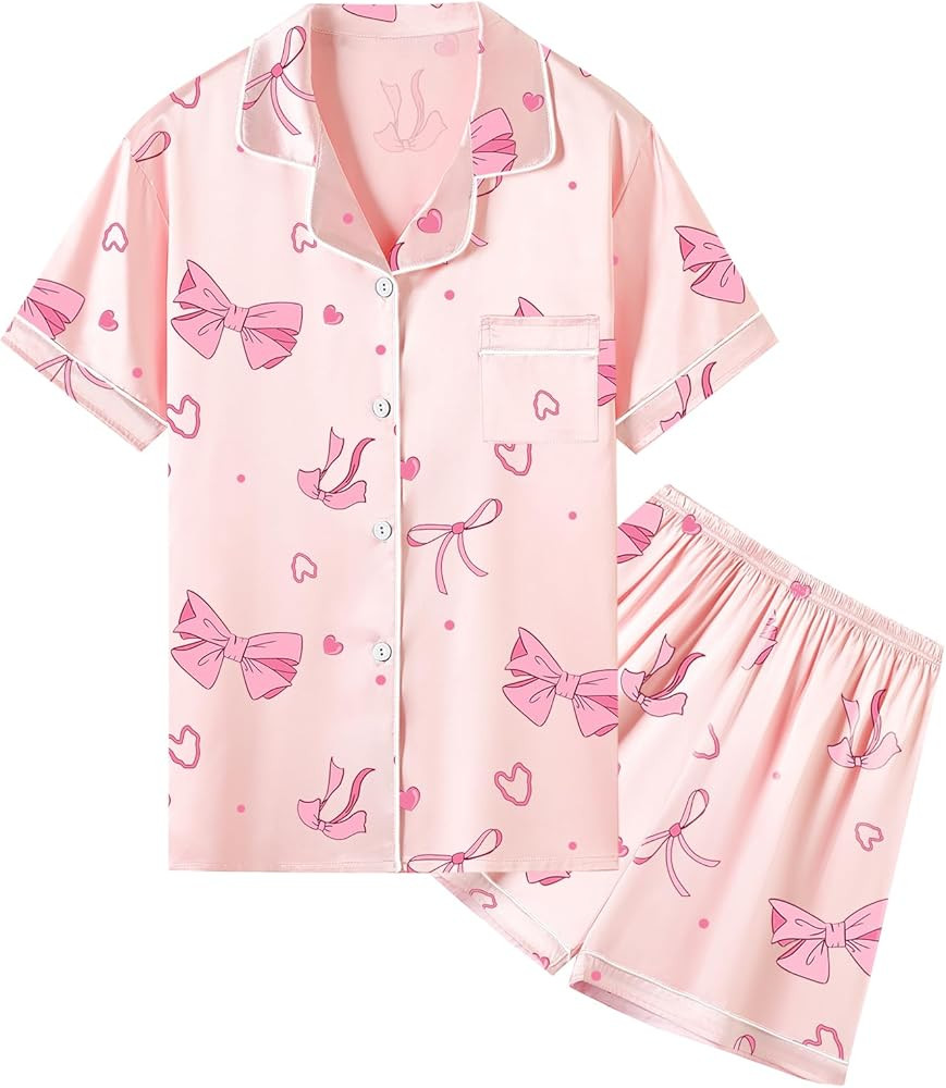 Umeyda Women & Girls Pajamas Set, Soft Satin Lightweight Silk Button-Down Top with Shorts 2 Piece... | Amazon (US)