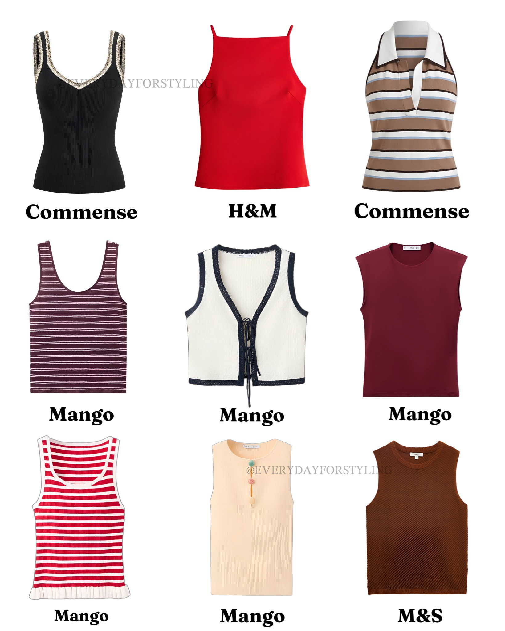 Nine tops, every budget covered — from a $13 H&M red tank to elevated Commense and Mango pieces that all give the same elevated, easy summer look. Stripes, knits, and a pop of color, this is the edit to screenshot before your next shopping trip 🤎

summer tops edit, affordable tops 2026, Mango tops haul, H&M tank top, elevated summer basics, striped tank top, knit vest outfit, sleeveless top ideas, old money tops, quiet luxury basics, capsule wardrobe tops, neutral tone tops, budget friendly fashion finds, summer wardrobe staples, Commense tops, M&S knitwear, tank top outfit ideas, minimalist summer tops, elevated casual basics, US UK summer fashion, everydayforstyling

#LTKSeasonal #LTKootd #LTKTravel