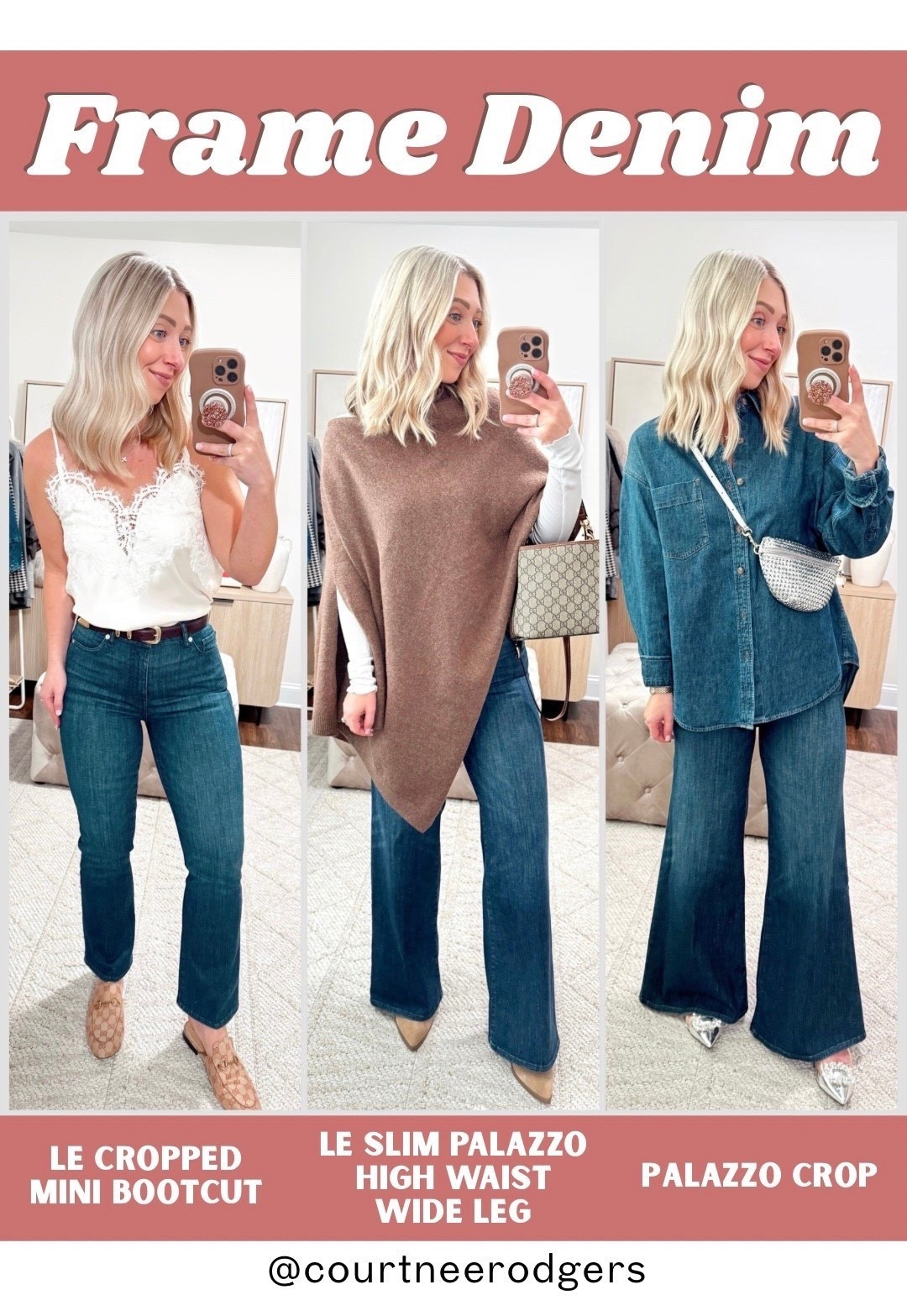 👖 Photo 1: LE CROPPED MINI BOOTCUT (color: guilty)
👖 Photo 2: LE SLIM PALAZZO
HIGH WAIST WIDE LEG (color: guilty)
👖 Photo 3: PALAZZO CROP (color: guilty)
This exact color (guilty) isn’t available online in the palazzo crop, but it is in another wash (Shade: ASPIRE RAW AFTER)! 

Size 26 in all jeans, they run big, I’m normally a 27! Sweater XS white tank, size XS denim shirt 

5’4” for reference 

Frame denim, designer jeans, Nordstrom rack 

#LTKPetite #LTKGiftGuide #LTKHoliday