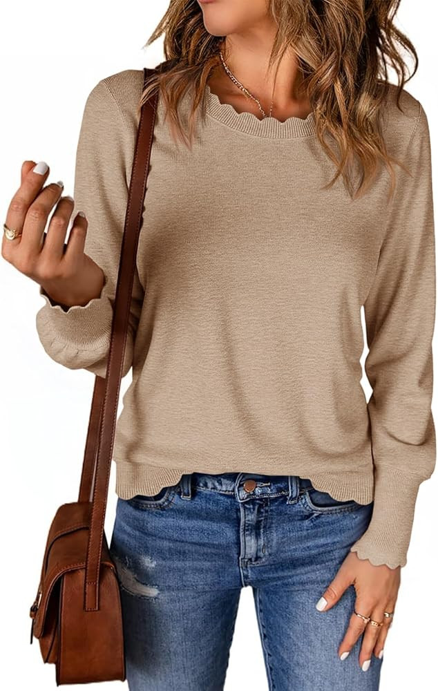 Cicy Bell Womens Crew Neck Long Sleeve Sweater Trendy Casual Scallop Trim Fall Knit Lightweight P... | Amazon (US)