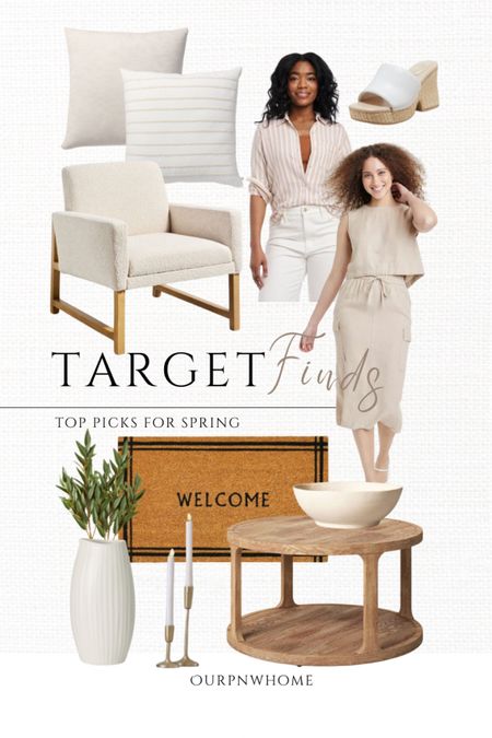 Top picks for spring at Target 🎯 

Boucle accent chair, ivory armchair, round coffee table, living room table, fluted vase, white vase, welcome mat, doormat, tan bowl, decorative bowl, gold candlesticks, neutral throw pillows, striped accent pillows, striped shirt, button down shirt, neutral spring fashion, Target fashion, cargo skirt, tan tank top, casual outfit, faux olive stems, greenery stems, platform sandals, spring home, Target home

#LTKSeasonal #LTKstyletip #LTKhome