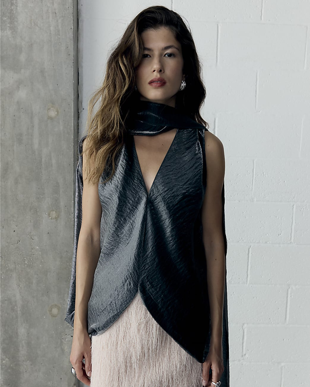 RI Studio Silver Cape Scarf neck flowy top | River Island UK & IE