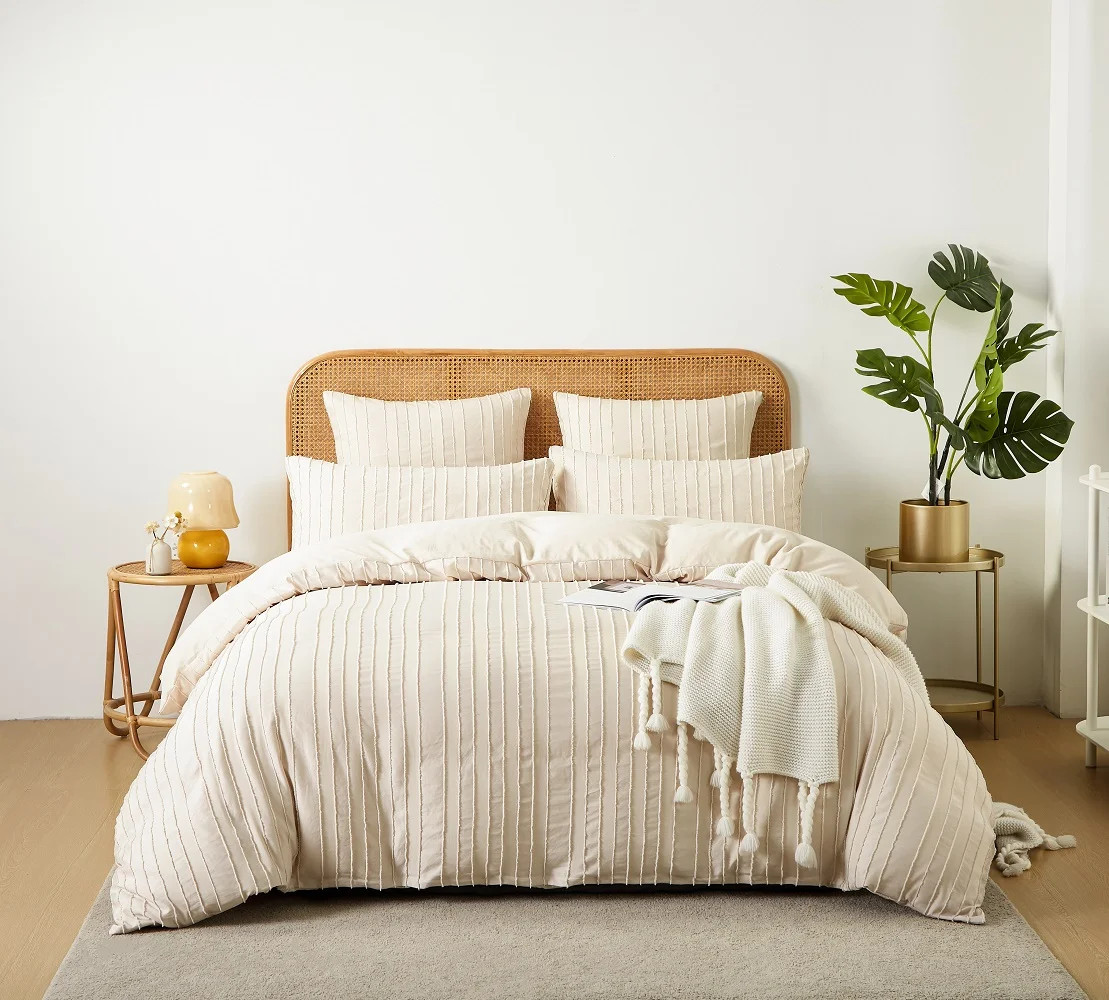 Boho Washed Microfiber Beige Duvet Cover Set Striped Textured Duvet Cover Tufted Bedding Set,King... | Walmart (US)