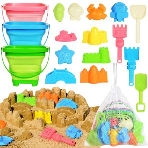 PUBUBLLE Collapsible Beach Sand Toys for Kids Toddlers,Travel Beach Toys with 3 Collapsible Sand Buckets,Shovels,Mesh Bags,Sand Molds,Castle Toys for Beach, Age 18+ Month | Amazon (US)