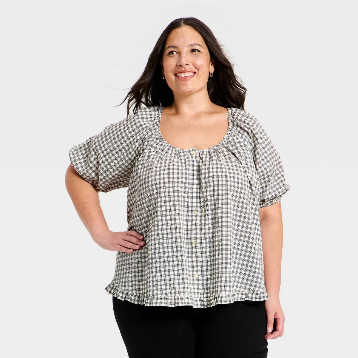Women's Puff Short Sleeve Button-Up Peasant Top - Universal Thread™ Gray Plaid 3X | Target
