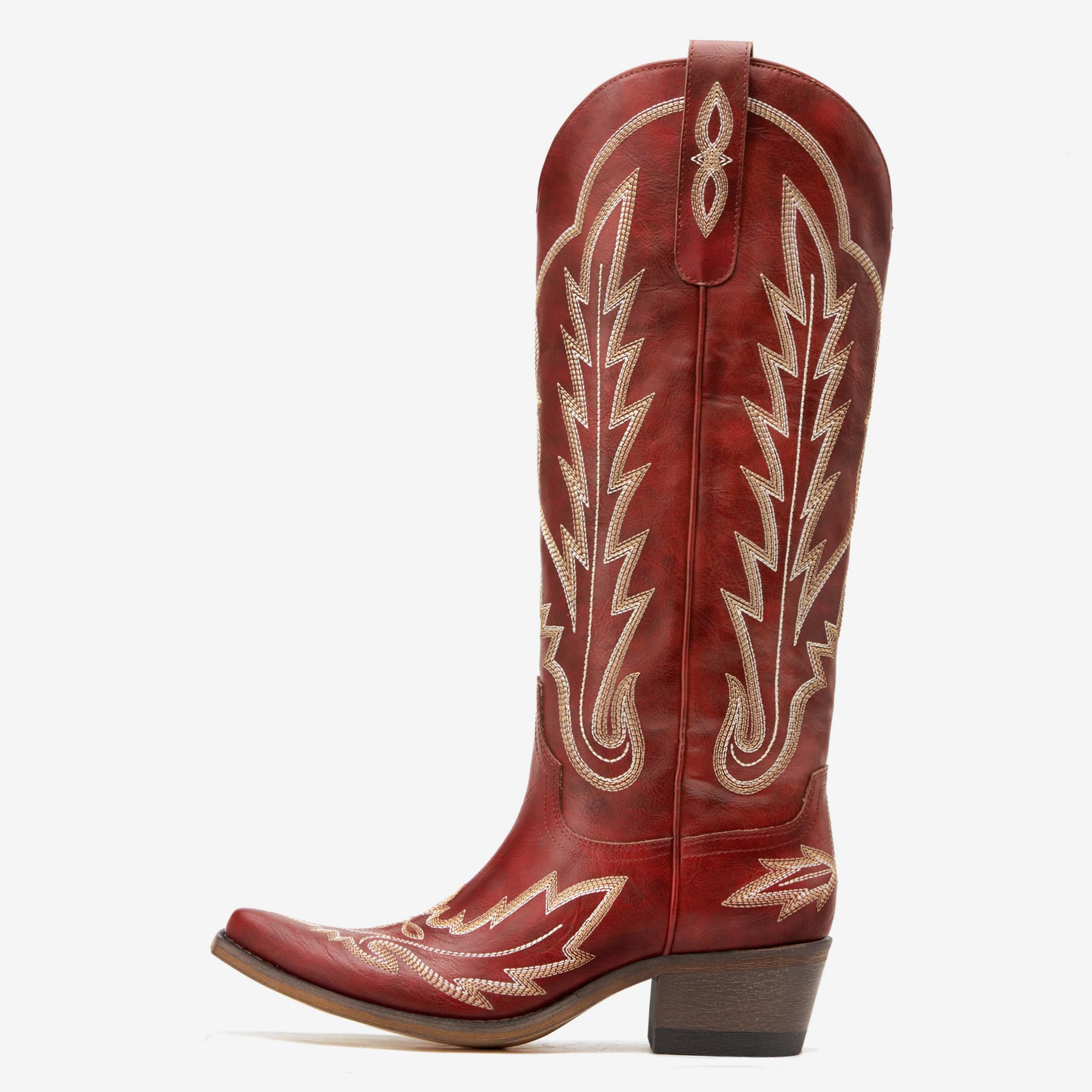 REDTOP Women's Western Cowgirl Boots Red Embroidered Vintage Boots | REDTOP