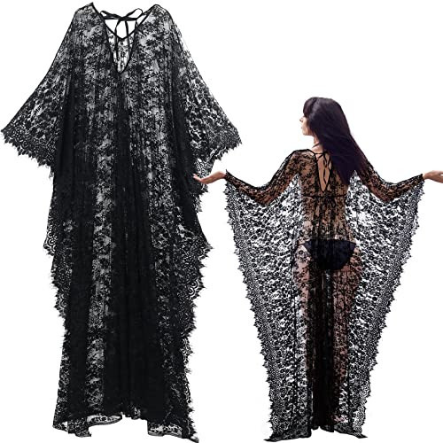 Mepase Boho Witch Lace Kimono Kaftan Dress Robe Bikini Swimsuit Beach Cover up for Women Maternity Halloween Vampire Costume(Black) | Amazon (US)