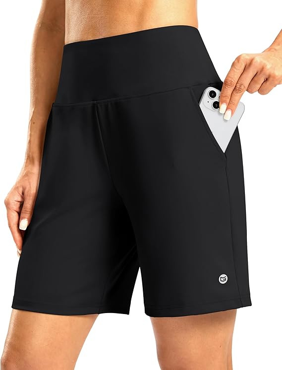 Women's Athletic Shorts with Zipper Pocket 7" High Waisted Stretchy Bermuda Shorts for Women Work... | Amazon (US)