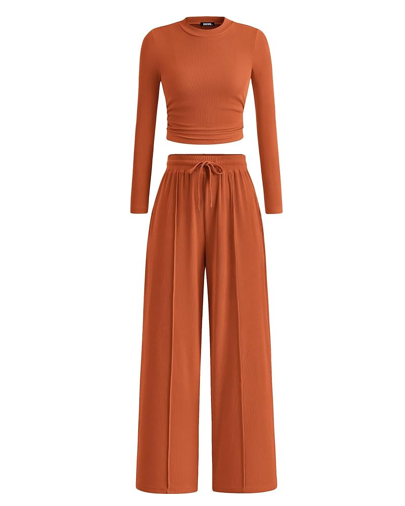 BTFBM Casual 2 Piece Sets For Women Fall Outfits 2025 Ribbed Long Sleeve Crop Top Wide Leg Pants ... | Amazon (US)