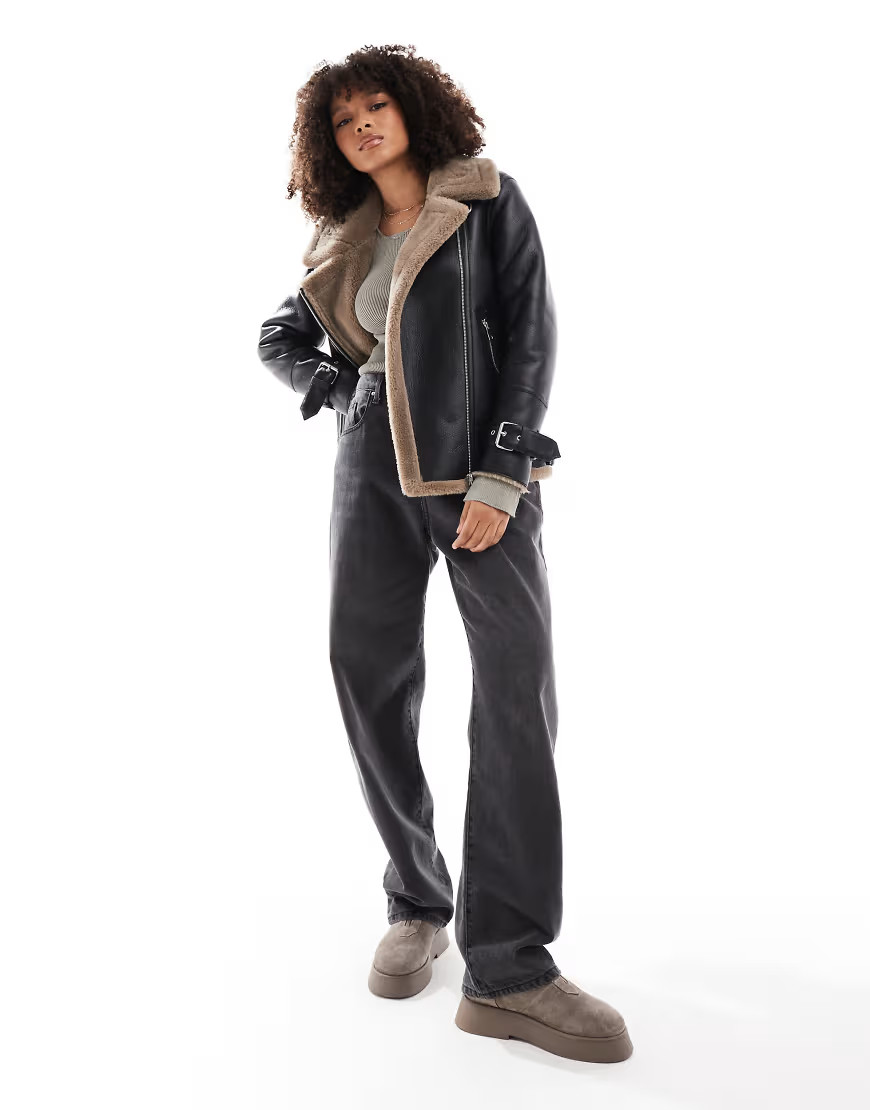 New Look faux fur aviator jacket in black | ASOS (Global)