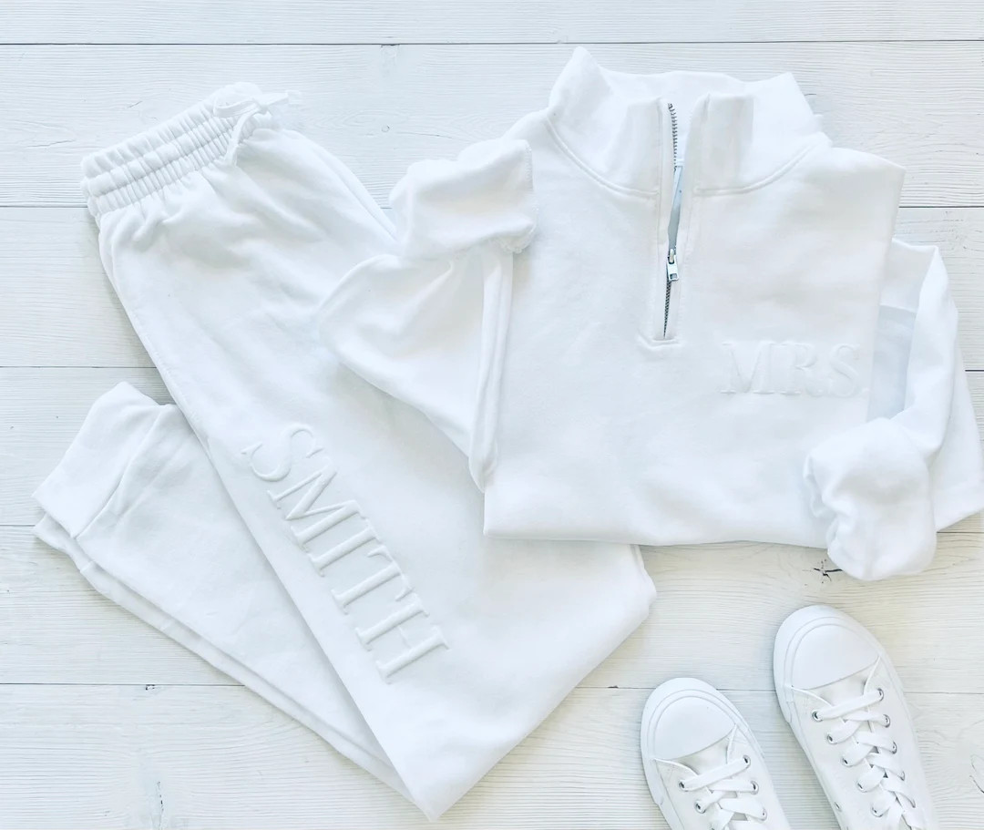 Embossed Bridal Gift Set, Mrs. Quarter Zip, New Mrs. Set, Mrs. Sweatshirt, Bride Sweatpants, New ... | Etsy (US)