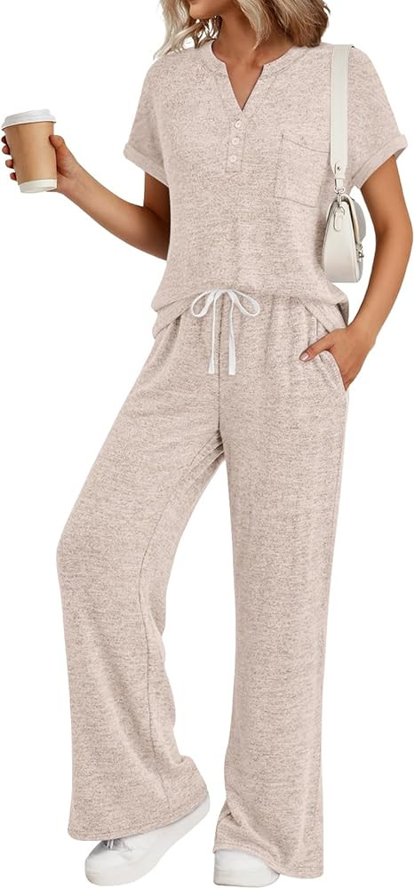 Trendy Queen 2 Piece Lounge Sets for Women Summer 2026 Henley Sweatsuit Travel Vacation Airport O... | Amazon (US)
