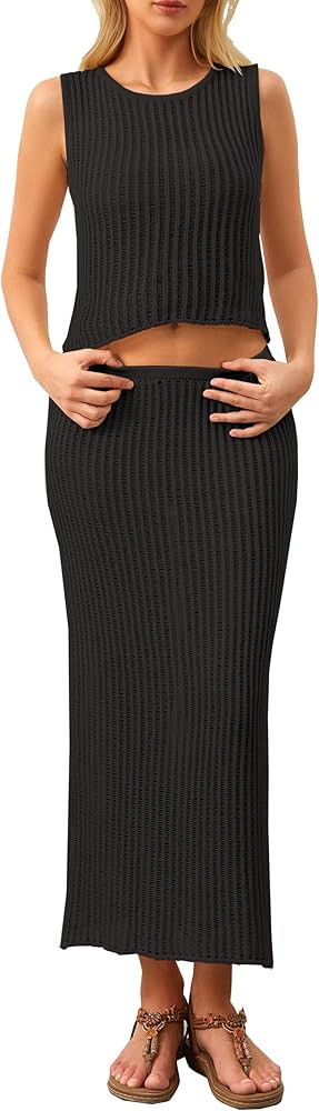 MISSACTIVER Women Beach Cover Up Crochet Two Piece Set See Through Crop Tank Top Knit High Waist ... | Amazon (US)