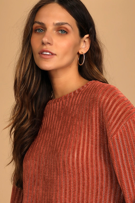 Weekend Ready Terra Cotta Chenille Striped Sweater Top | Lulus (US)