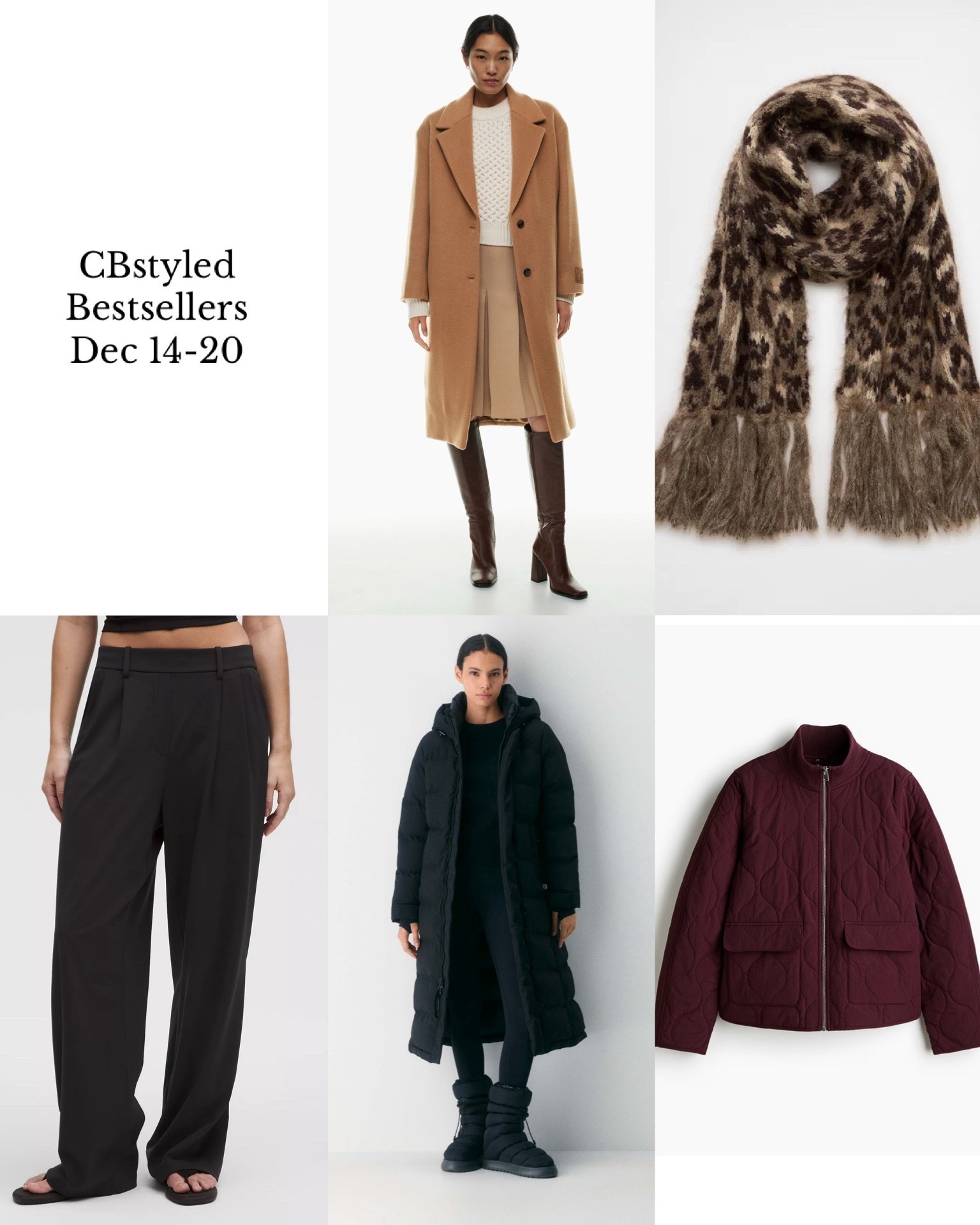 Bestsellers Dec 14-20
 I’m 5’ 7”, size 4ish: 
1. Camel coat: two years ago I did a deep dive on camel coats and tried on ten coats, this was the winter by far! Really good quality and fit, timeless style. Fits tts.
2. Leopard scarf: cute trendy style, very soft, 25% off!
3. Lululemon stretchy pants: stretchy pull on pants that are super comfortable but look like dress pants. 11 colours. I got black last fall and recently bought brown (color name sequoia). Fit tts, I’m 5’ 7” wearing my usual size S in the 31.5” inseam, also available in short and tall inseams.
4. Long puffer coat: essential for Canadian winters, I got the Arctic version which has wind and rain proof fabric and a bigger hood
5. Quilted jacket: 20% off, lightweight quilted jacket, 4 colours, fits tts/oversized