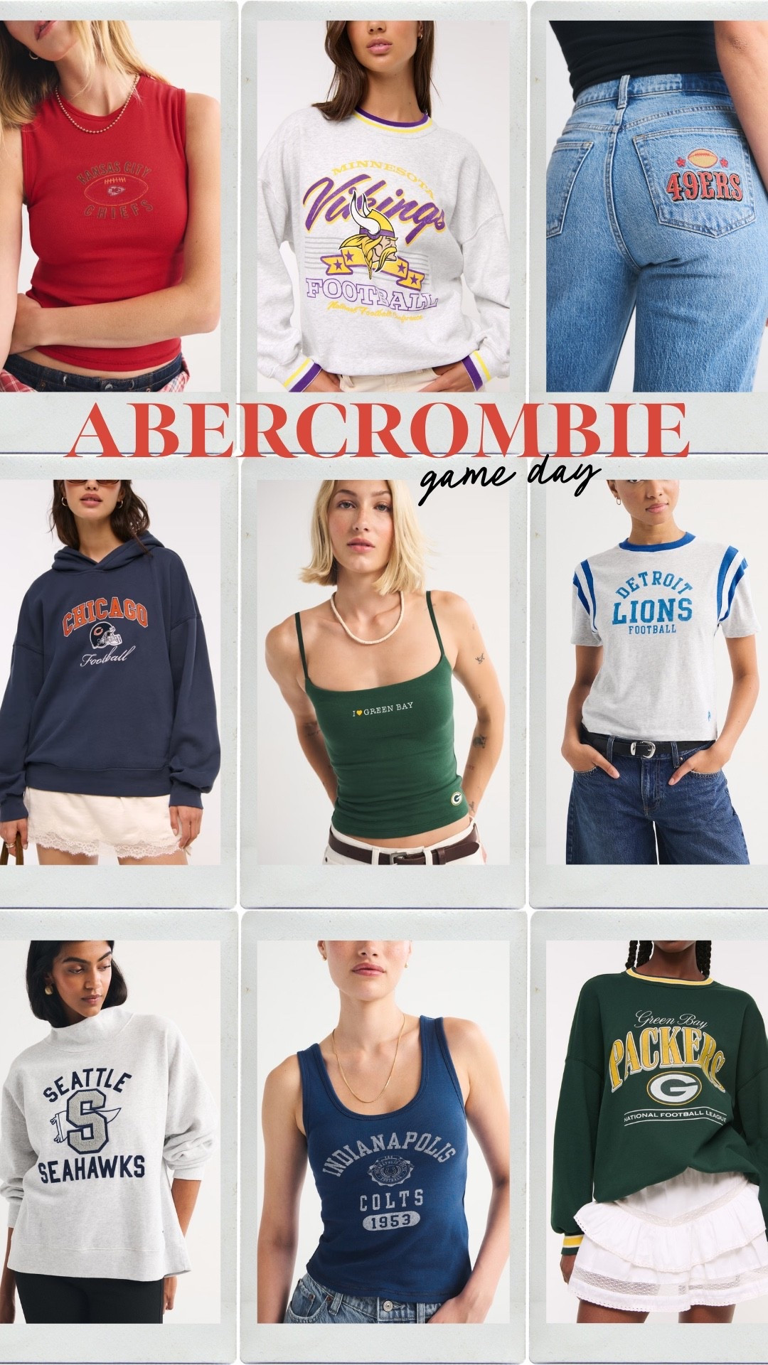Abercrombie Game Day NFL collection is live! Your favorite teams gear actually cute. Bra free tanks I do a size M, hoodies/sweatshirts size L!

#LTKMidsize #LTKSeasonal #LTKootd