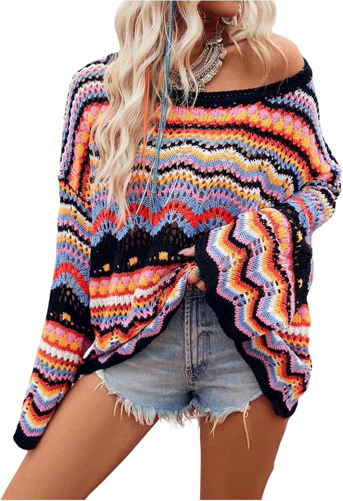 Floerns Women's Colorful Sweater Crochet Open Knit Long Sleeve Drop Shoulder Oversized Sweater | Amazon (US)