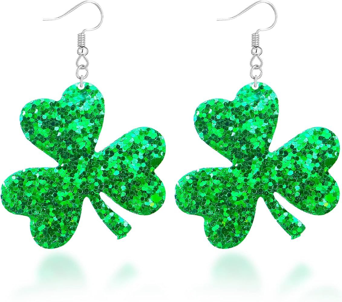 St Patricks Day Earrings for Women Sparkling Shamrock Dangle Earrings Trendy Green Shamrock Drop ... | Amazon (US)