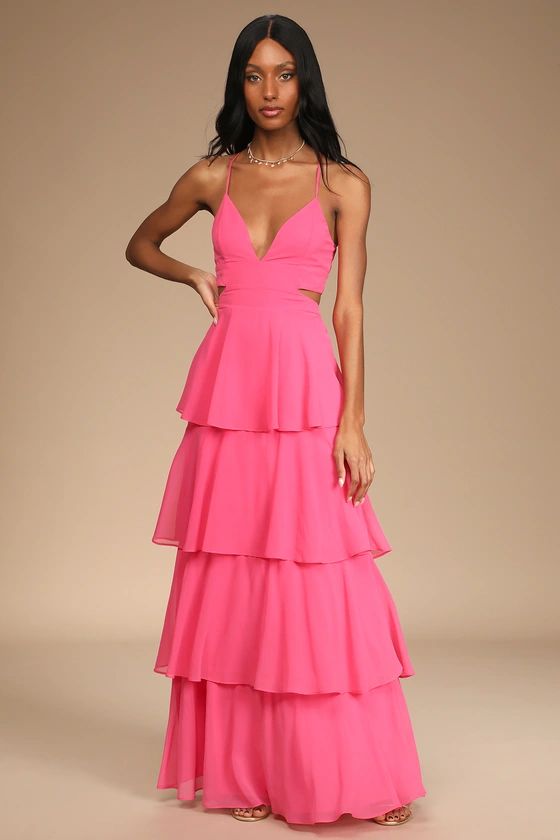 Tier and Now Hot Pink Tie-Back Tiered Maxi Dress | Lulus