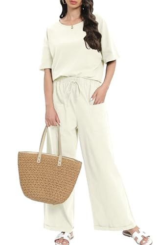 Anytree Womens, Lounges Set 2 Piece Outfit, Short Sleeve Blouses, Top Wide Leg Pants, Cotton Linen Tracksuit AU5 | Amazon (US)