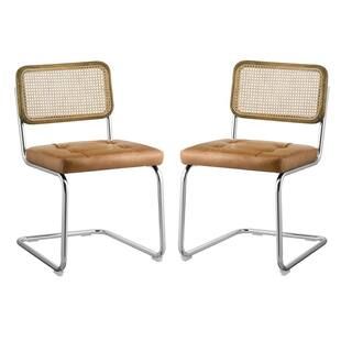Art Leon SIASY Brown Faux Leather Accent Cane Side Chair with Woven Rattan Oak Wood Backrest and ... | The Home Depot