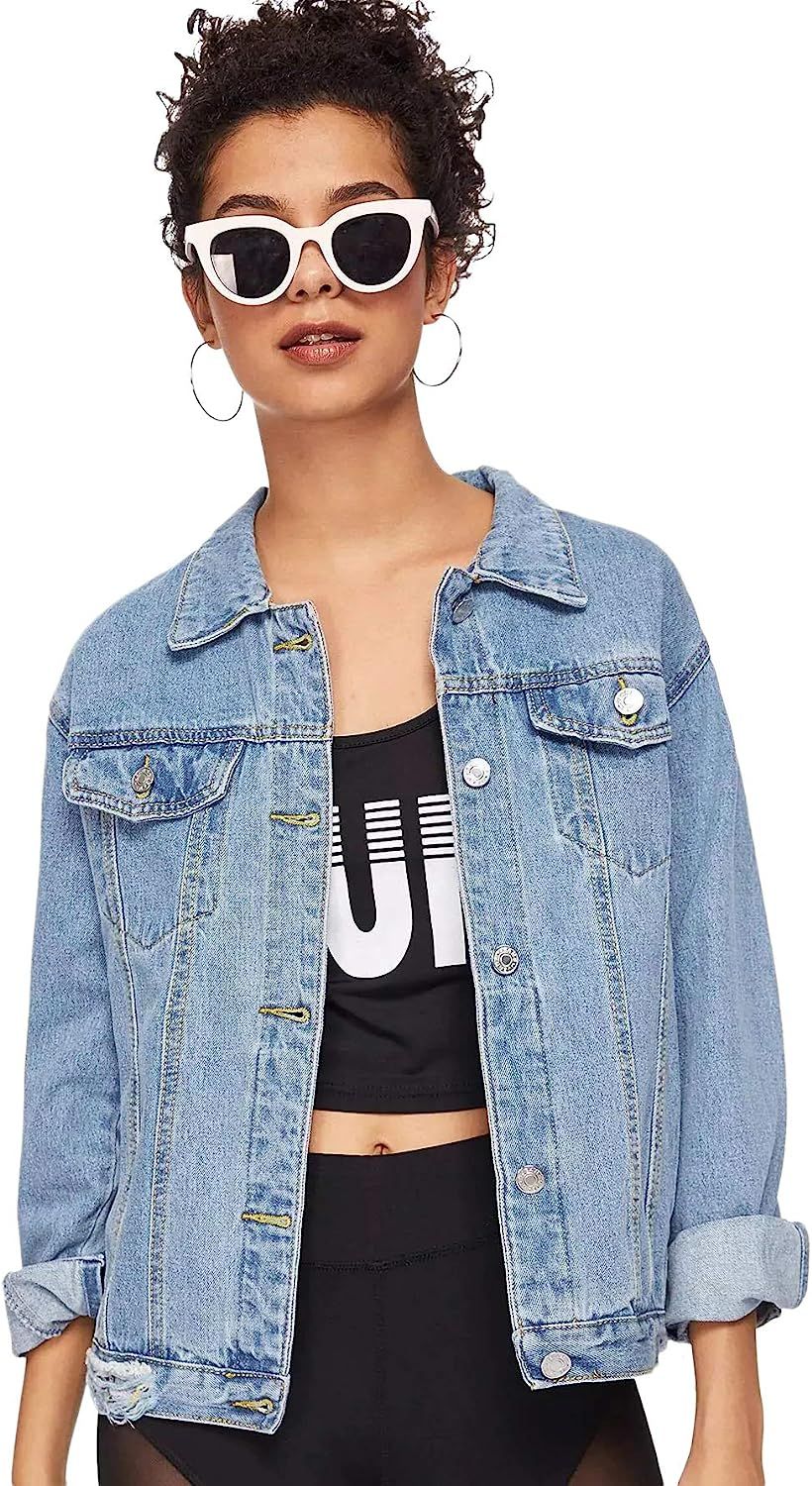 SweatyRocks Women's Casual Long Sleeve Button Down Boyfriend Denim Jacket | Amazon (US)