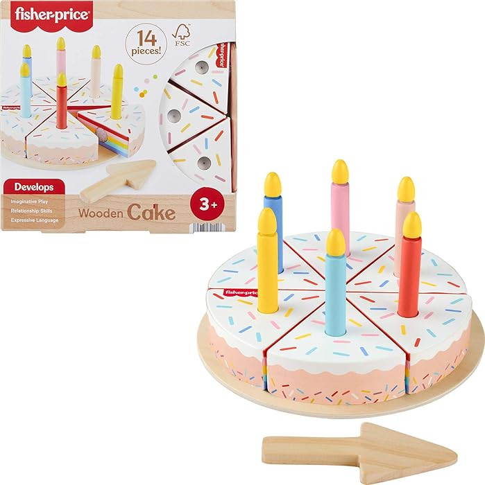 Fisher-Price Wood Pretend Play Toy Cake Set, 14-Piece Wooden Food Decorating & Serving Play for P... | Amazon (US)