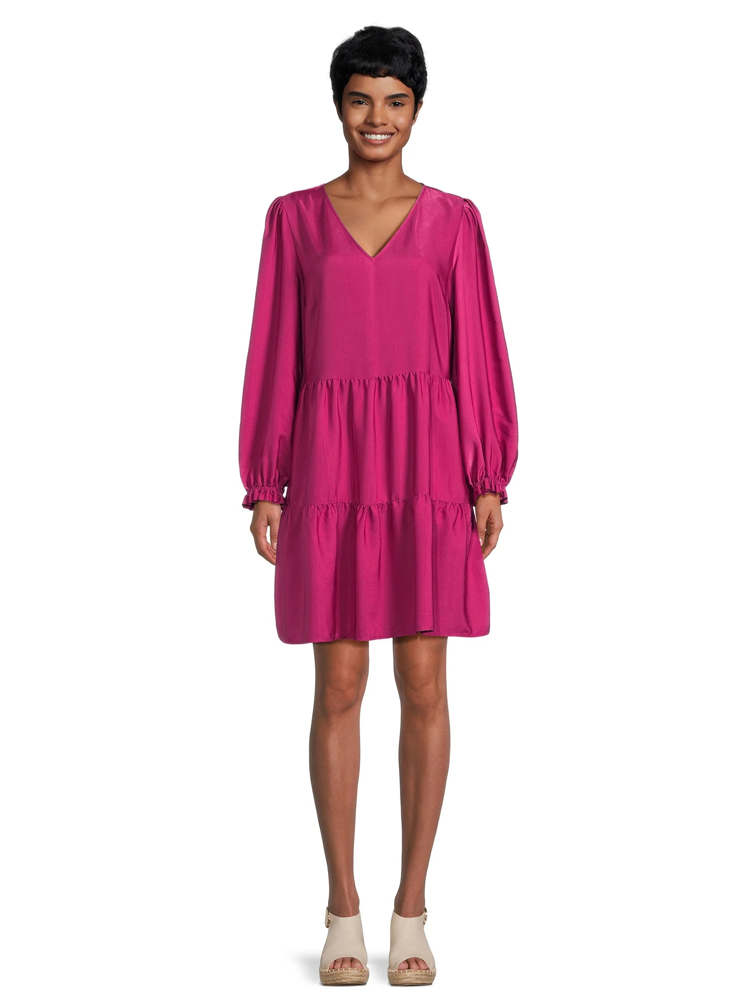 Time and Tru Women's Tiered V-Neck Satin Mini Dress, Sizes XS-XXXL | Walmart (US)