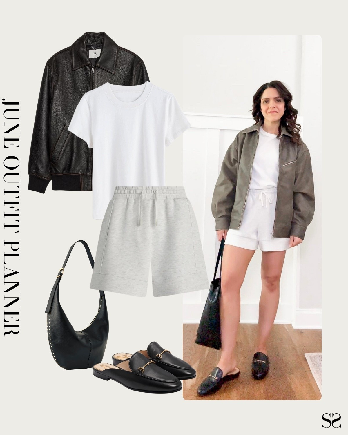 Monthly outfit planner JUNE: what I planned vs how it’s worn: Spring & Summer looks, saved + styled outfit inspo | sweat shorts, white tee, embellished leather tote, loafer mules, bomber leather jacket 

#springoutfit #summeroutfit #casualstyle #weekendoutfit

#LTKStyleTip