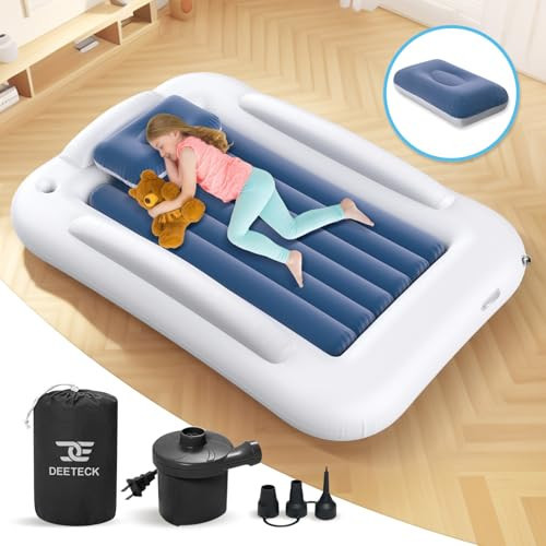 Deeteck Inflatable Toddler Travel Bed - 60 Inches Portable Toddler Bed for Travel with Safety Sides - Cozy Kids Air Mattress Set with High-Speed Pump & Carry Case - Lightweight & Easy to Inflate -Blue | Amazon (US)