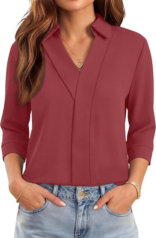 WIHOLL 3/4 Length Sleeve Womens Tops Dressy V Neck Collared Shirts Business Casual Work Blouses S... | Amazon (US)