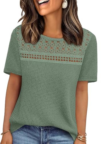 OFEEFAN Womens Tops Dressy Casual Short Sleeve Shirts Boho Crochet Lace Waffle Knit Plus Size Fas... | Amazon (US)