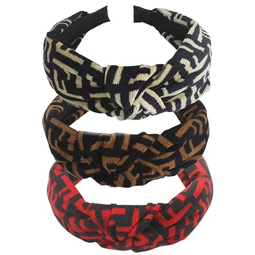 Eightown Designer FF Print Headbands for Women 3 Pack Top Knot Hair Bands for Girls Elastic Hair ... | Amazon (US)