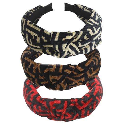 Eightown Designer FF Print Headbands for Women 3 Pack Top Knot Hair Bands for Girls Elastic Hair ... | Amazon (US)