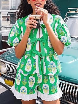 Amazon.com: Aoysky Womens Floral 2 Piece Short Sets Summer Vacation Outfits Puff Sleeve Babydoll ... | Amazon (US)