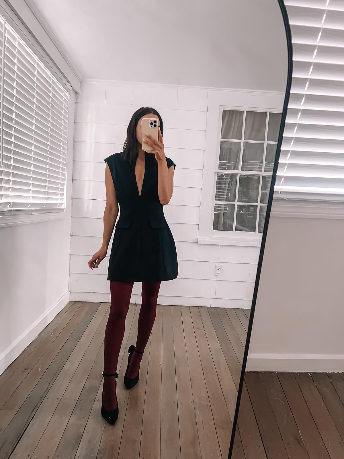 Valentine’s Day outfit🖤 Black mini dress/burgundy tights/black heels
 

 #LTKPetite #LTKFindsUnder50