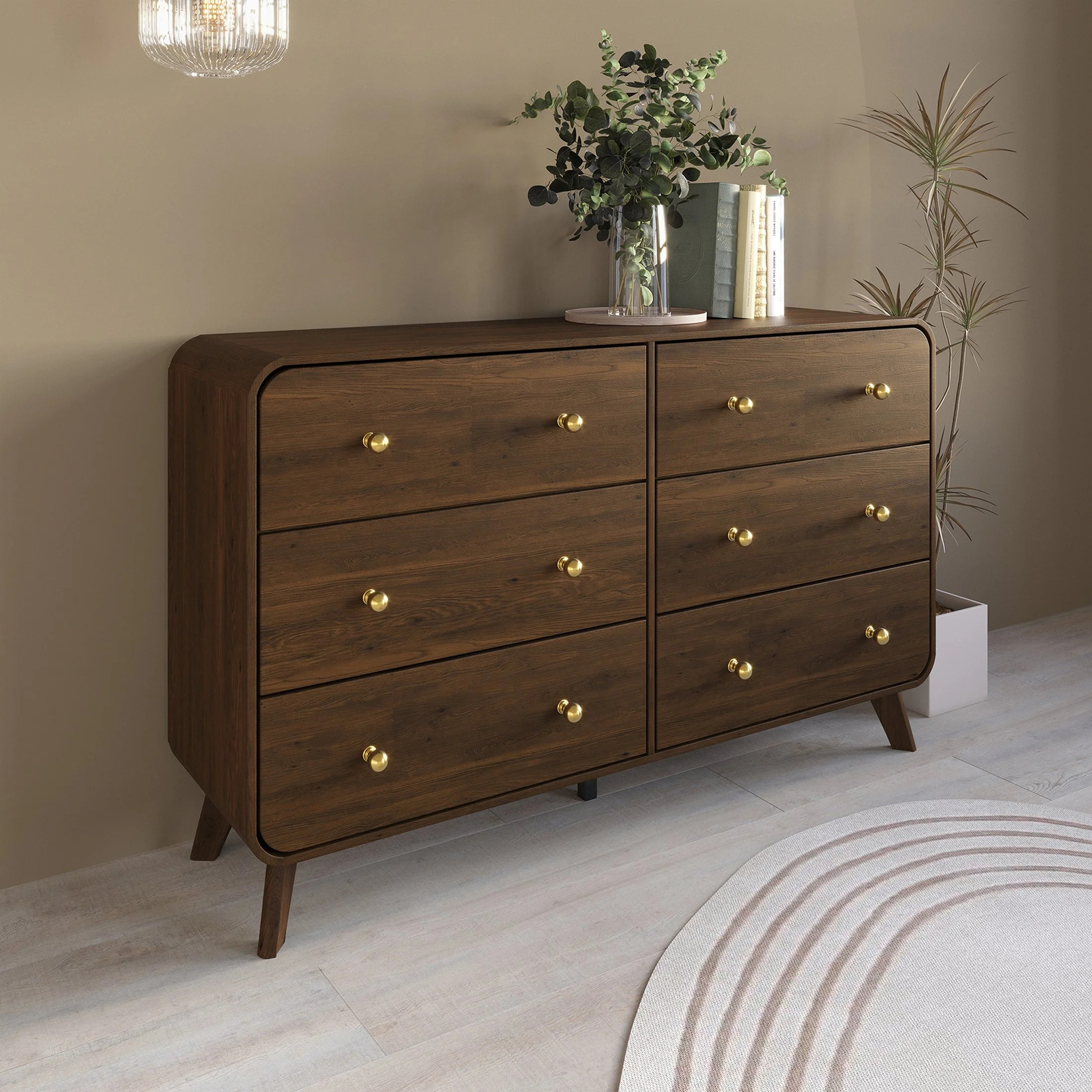 Castle Place Mid-Century 6 Drawer Wooden Dresser, Brown | Walmart (US)