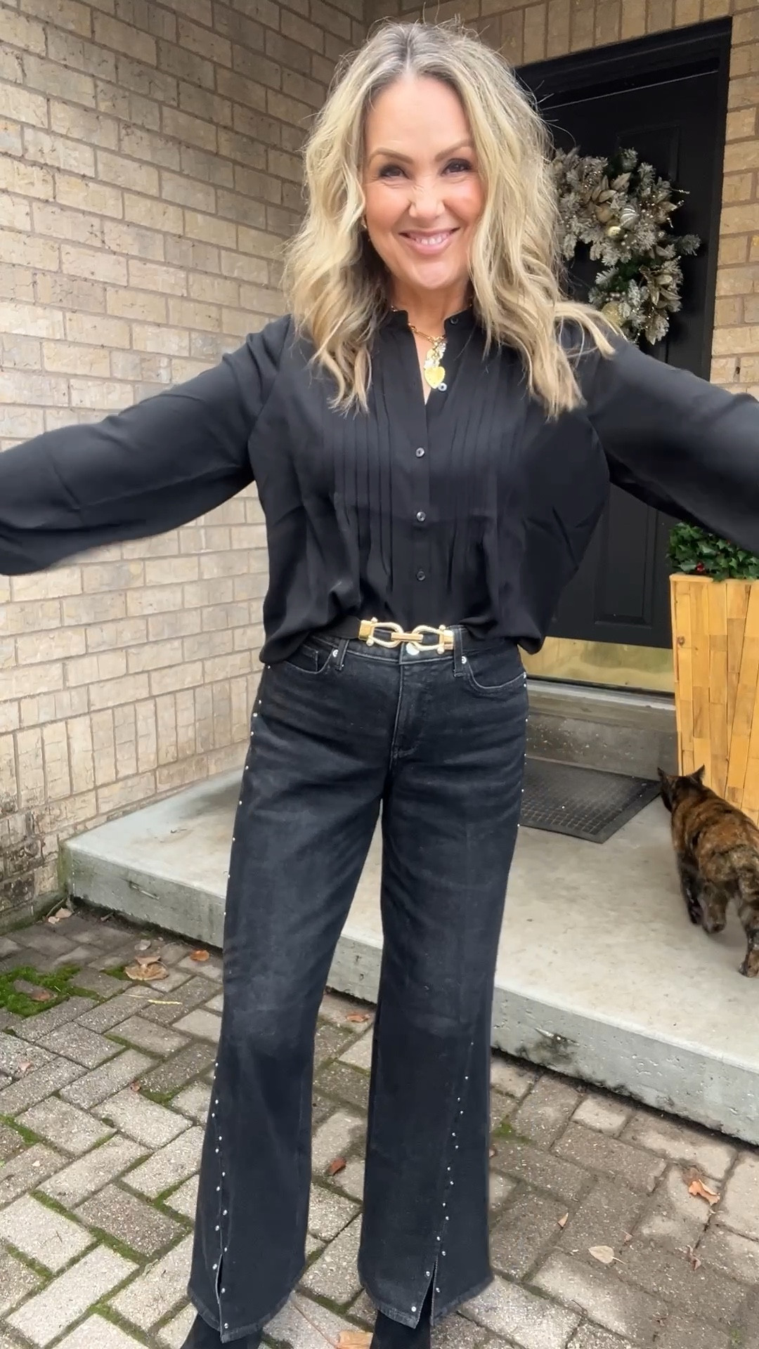 Crystals and studs - the perfect holiday combination! 

Say you’re holiday ready without wearing it written on your sweater. 

This outfit in shades of black will keep you sparkling all year long - well past the holidays. 🖤

Black studded jeans wearing size 6 - could have possibly sized down to a 4

Black peasant blouse wearing size m. 

Great crystal cardigan wearing size M. 

Red crossbody bay

#LTKootd #LTKHoliday #LTKOver40