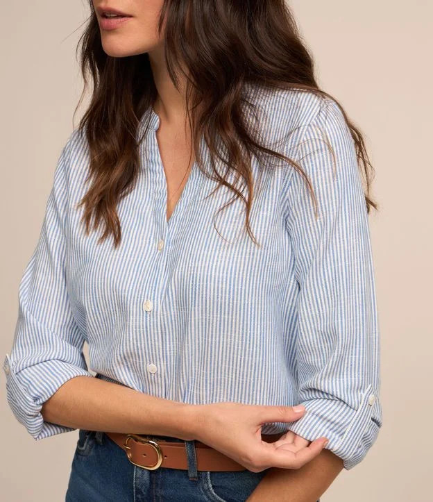 Camisa Manga Longa em Viscolinho Listrado com Fio Tinto Azul - Lojas Renner | Renner (BR)