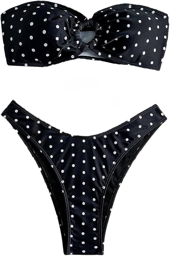 GORGLITTER Women's Polka Dots Bandeau Bikini Set Strapless Ring Linked Top High Cut 2 Piece Vinta... | Amazon (UK)