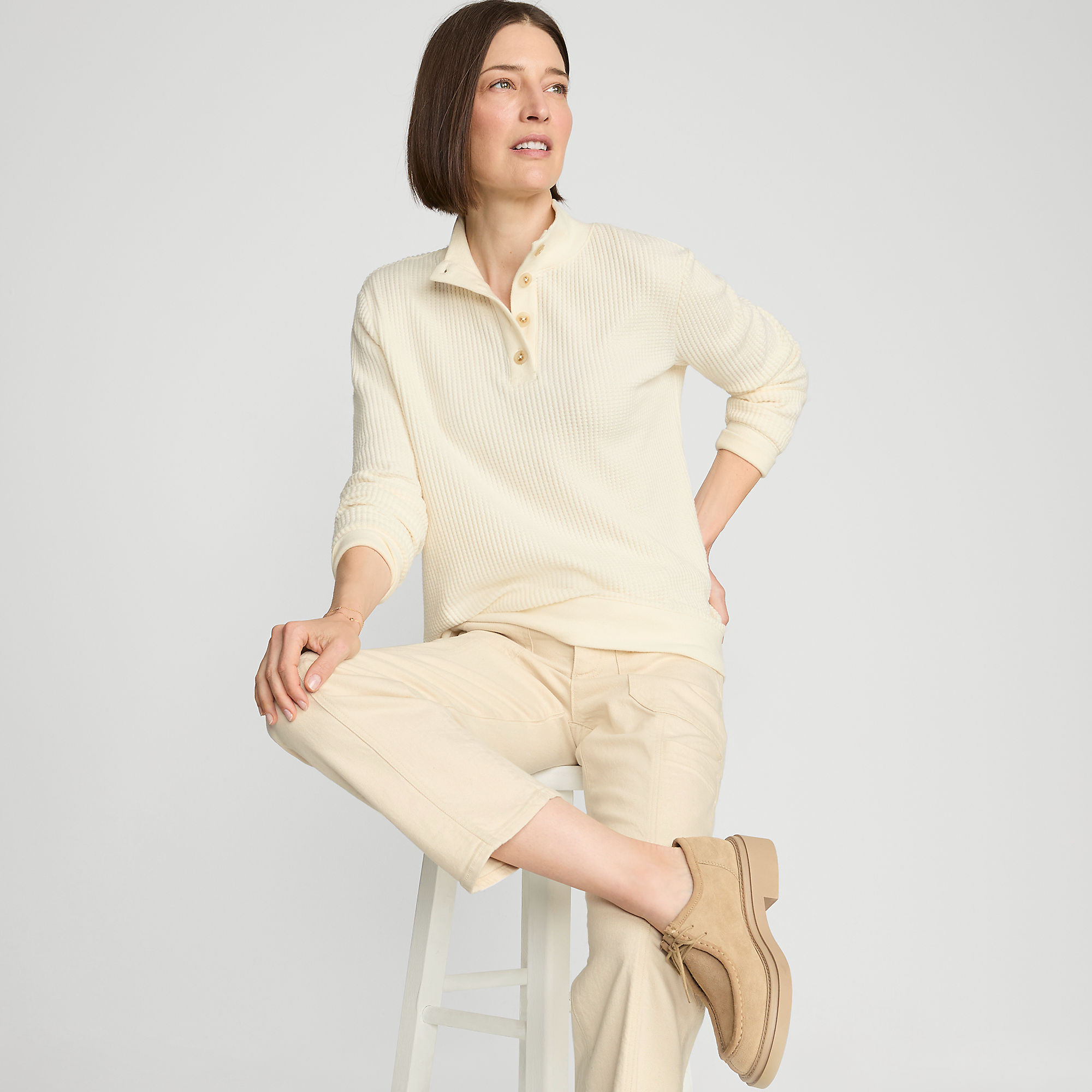 Women's Petite Waffle Knit Button Placket Top | Lands' End (US)