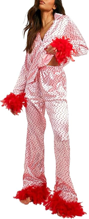 Faretumiya Women Pajamas Heart Bow Print Silk Pjs Feather Trim Long Sleeve Shirt Pj Pants Lounge ... | Amazon (US)